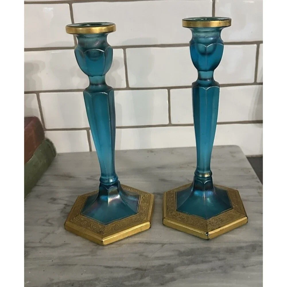 Pair of Vintage Fenton Celeste Blue & Gold Gilt Stretched 8.5 Inch Candlesticks
